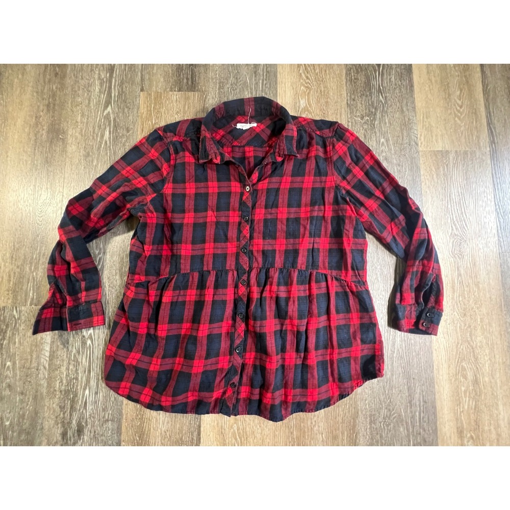 Beachlunchlounge Plaid Peplum Top Women XL Red Navy Buffalo Check Long Sleeve